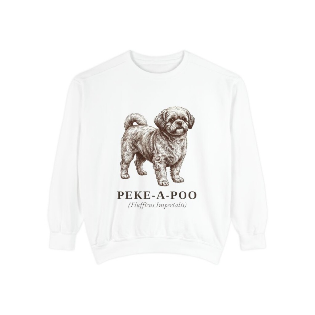 peke-a-poo-sweatshirt-latin-white Peke-A-Poo Latin Sweatshirt, White, front view