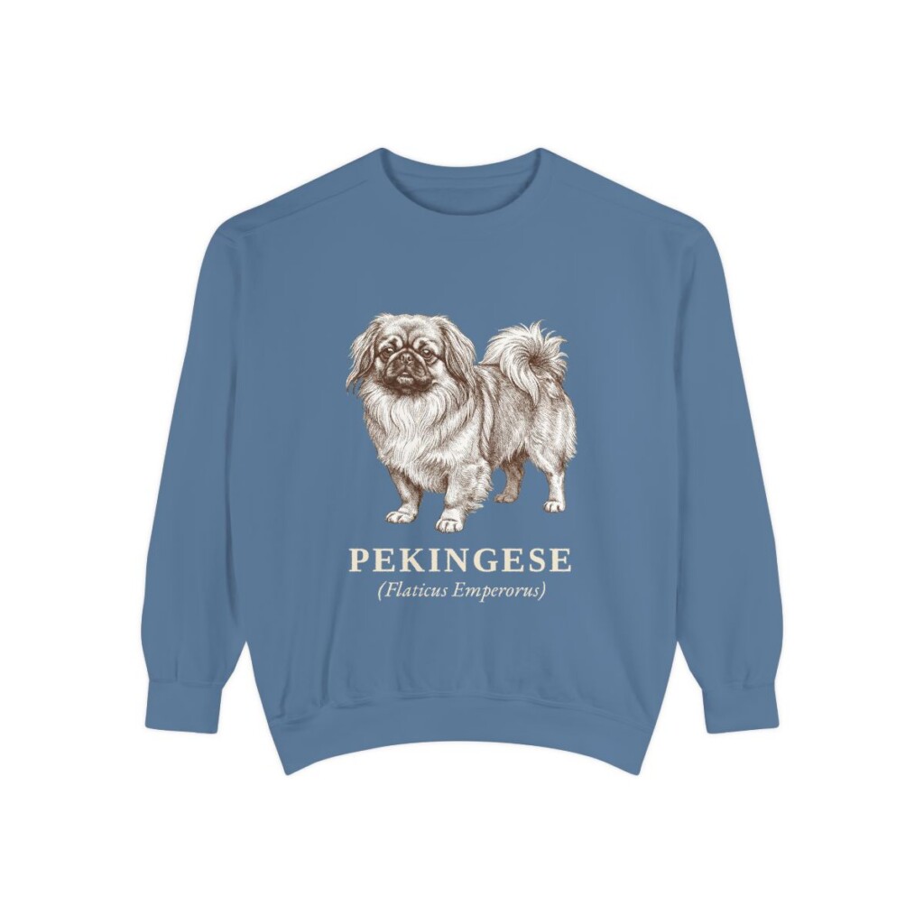 pekingese-sweatshirt-latin-blue-jean-1 Pekingese Latin Sweatshirt, Blue Jean, front view