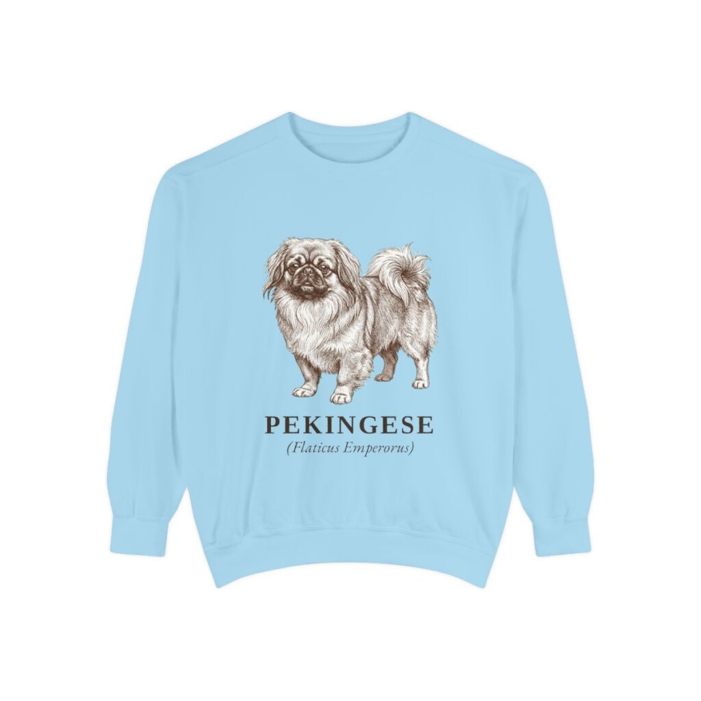 pekingese-sweatshirt-latin-chambray-1 Pekingese Latin Sweatshirt, Chambray, front view