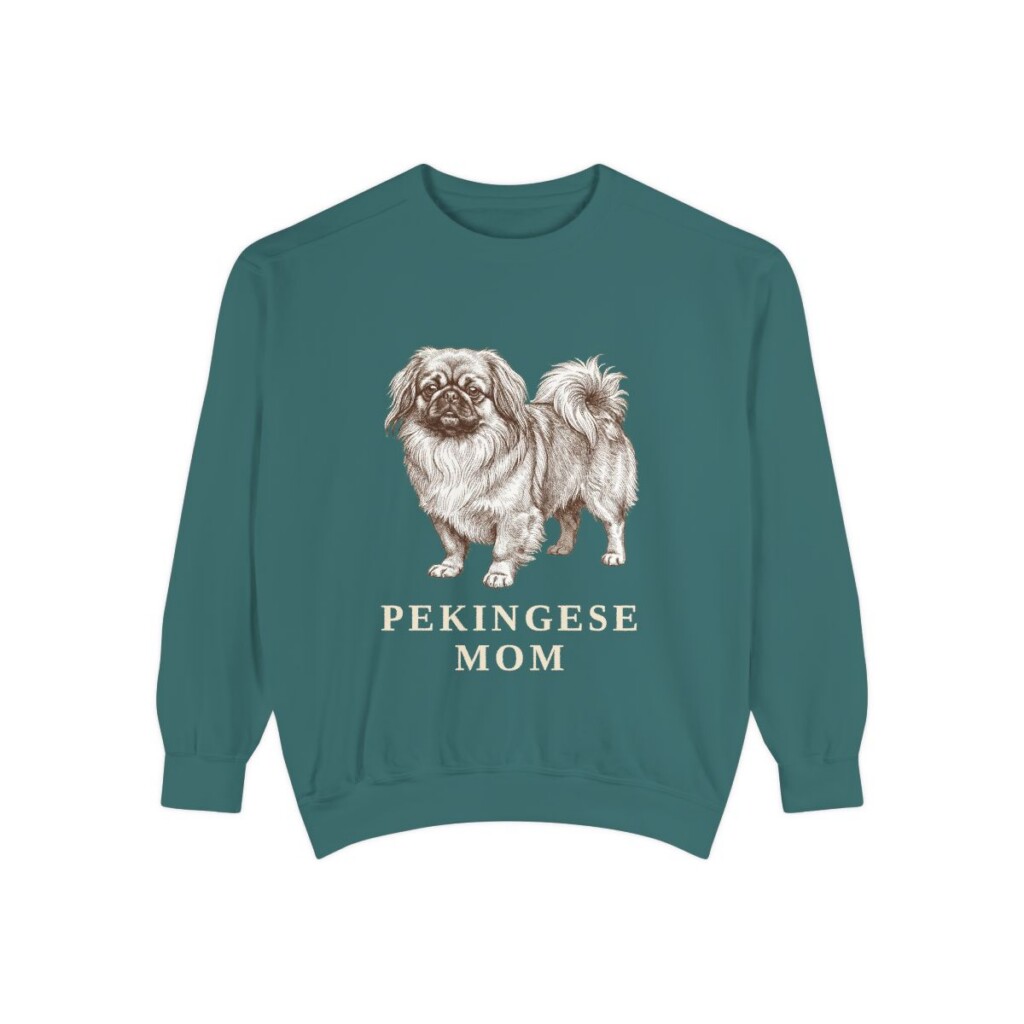pekingese-sweatshirt-mom-blue-spruce Pekingese Mom Sweatshirt, Blue Spruce, front view