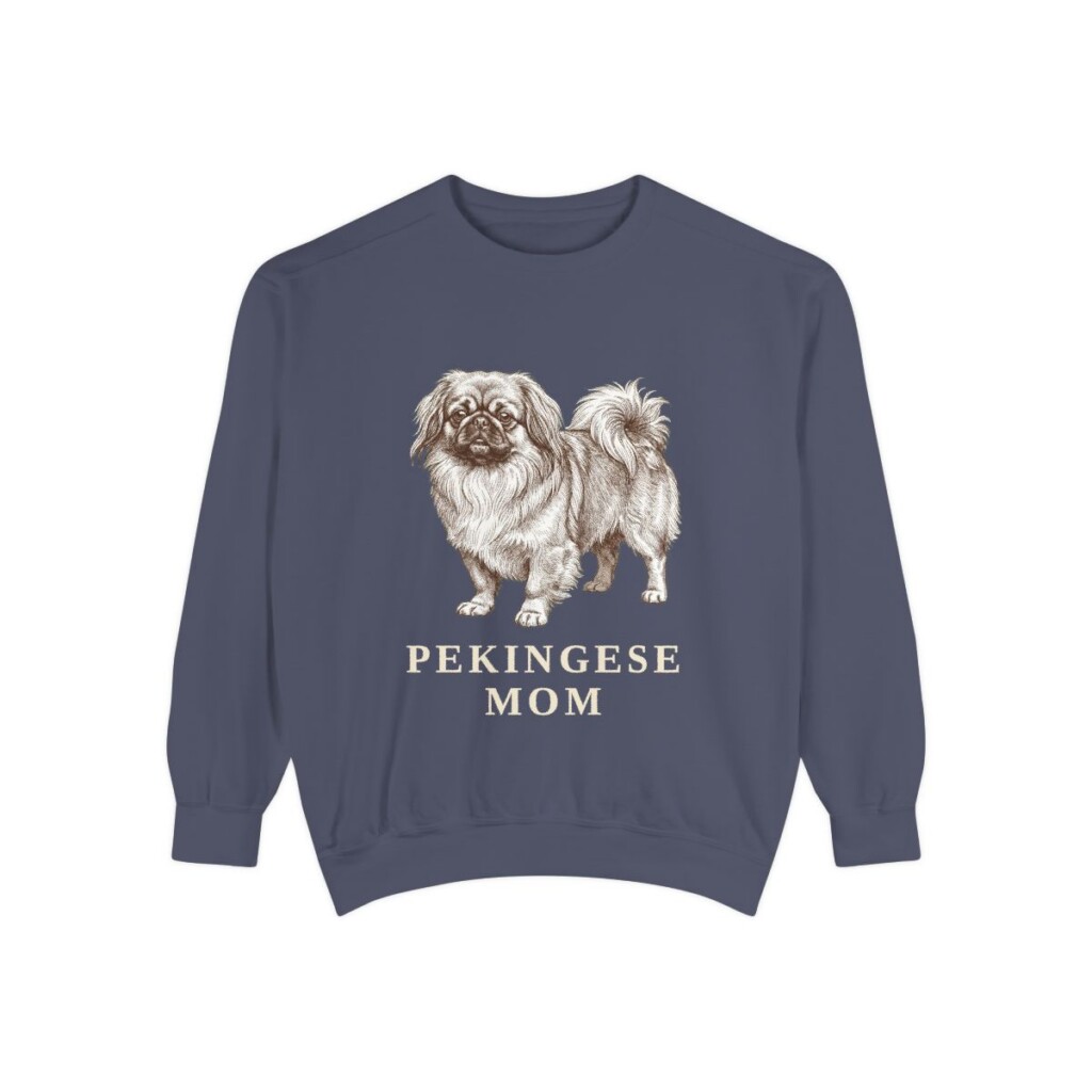 pekingese-sweatshirt-mom-denim Pekingese Mom Sweatshirt, Denim, front view