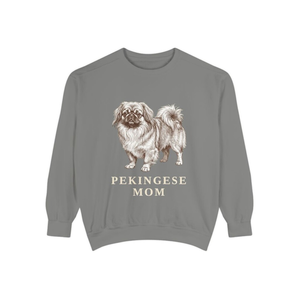 pekingese-sweatshirt-mom-grey Pekingese Mom Sweatshirt, Grey, front view