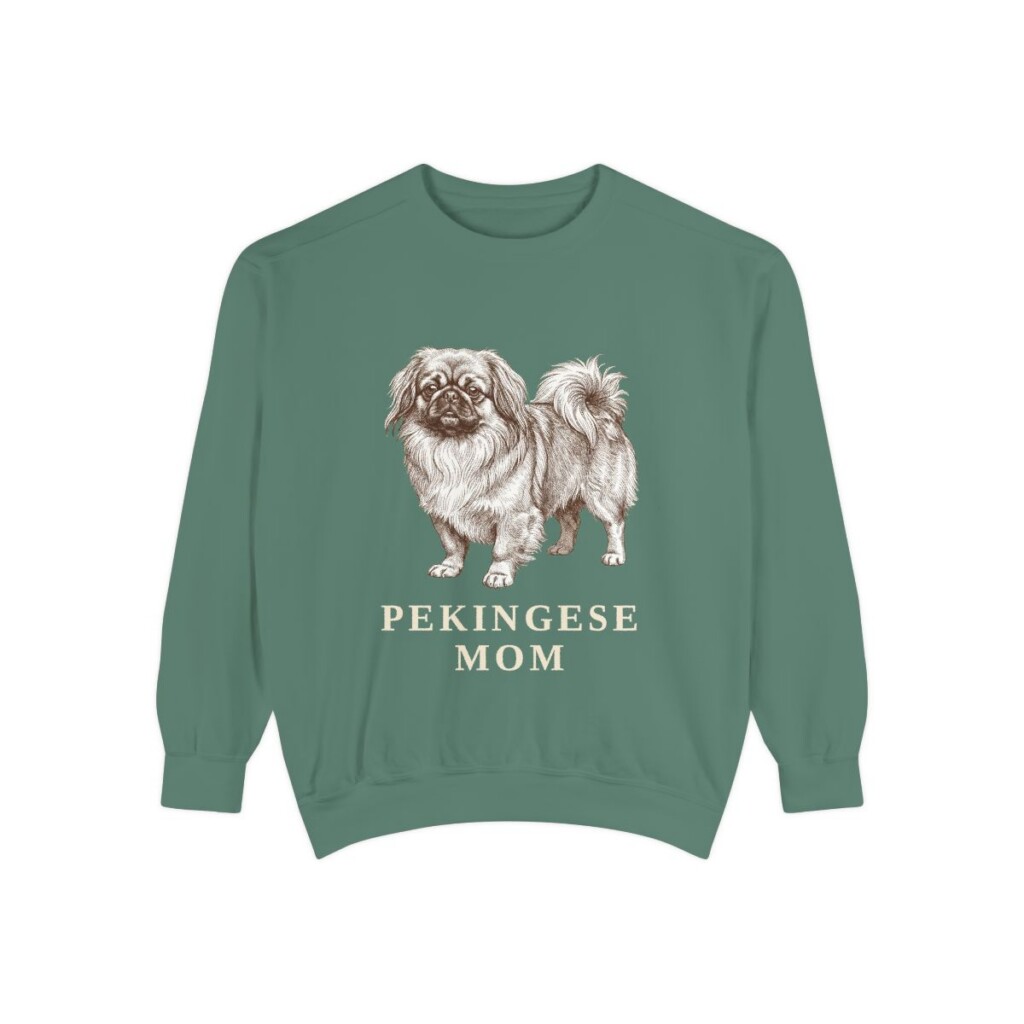 pekingese-sweatshirt-mom-light-green Pekingese Mom Sweatshirt, Light Green, front view