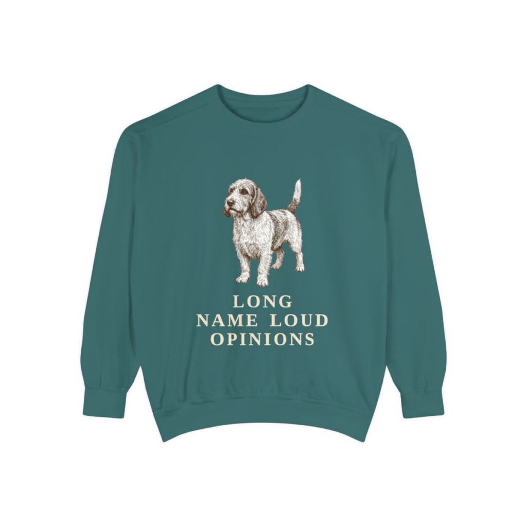petit-basset-griffon-vendeen-sweatshirt-humor-blue-spruce Petit Basset Griffon Vendeen Humor Sweatshirt, Blue Spruce, front view