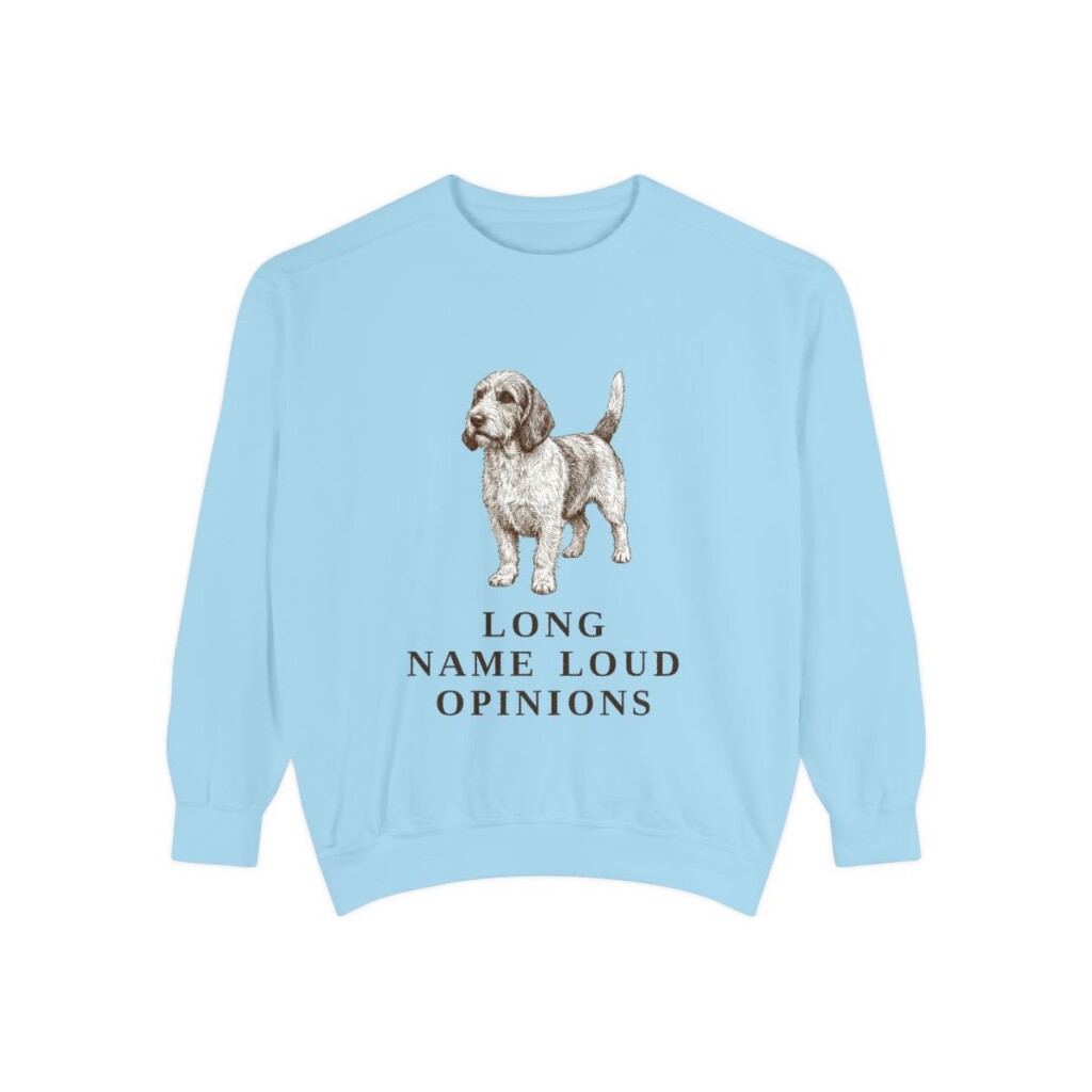petit-basset-griffon-vendeen-sweatshirt-humor-chambray Petit Basset Griffon Vendeen Humor Sweatshirt, Chambray, front view