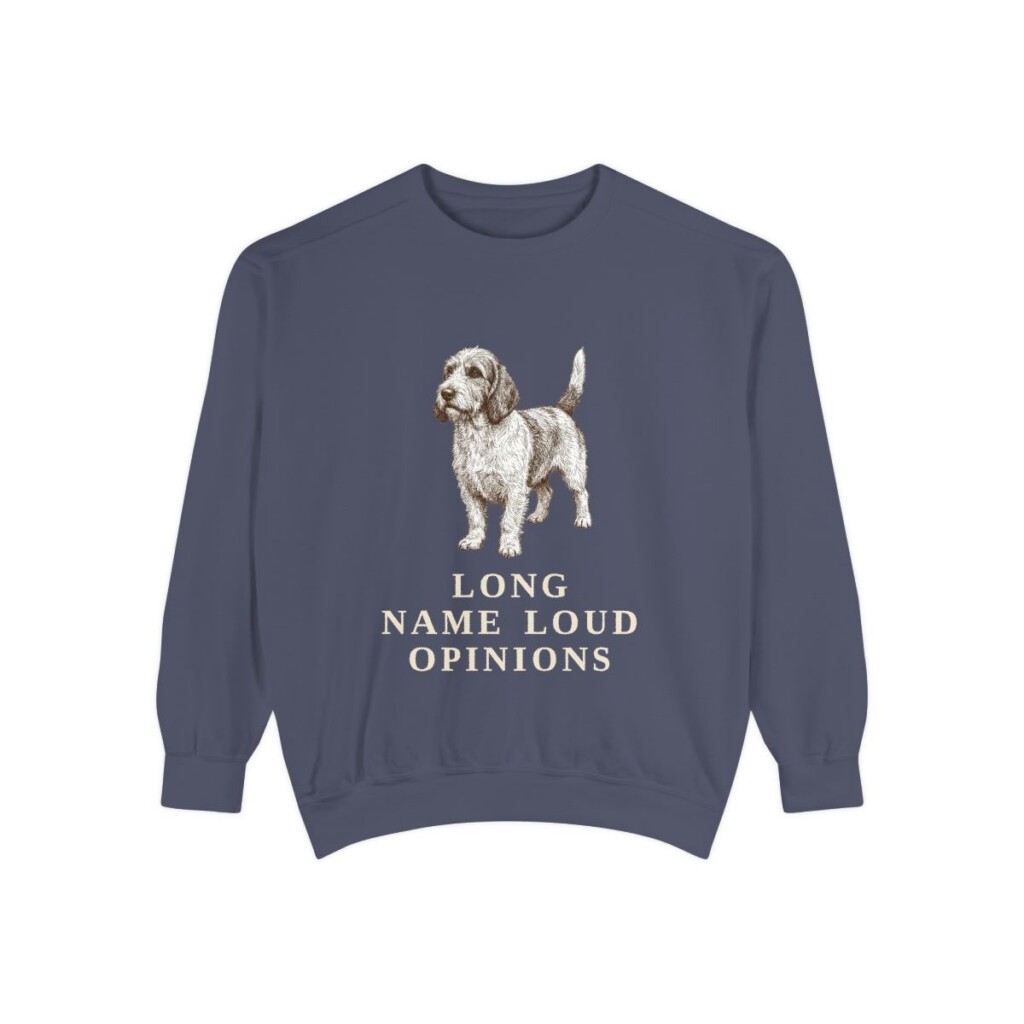 petit-basset-griffon-vendeen-sweatshirt-humor-denim Petit Basset Griffon Vendeen Humor Sweatshirt, Denim, front view