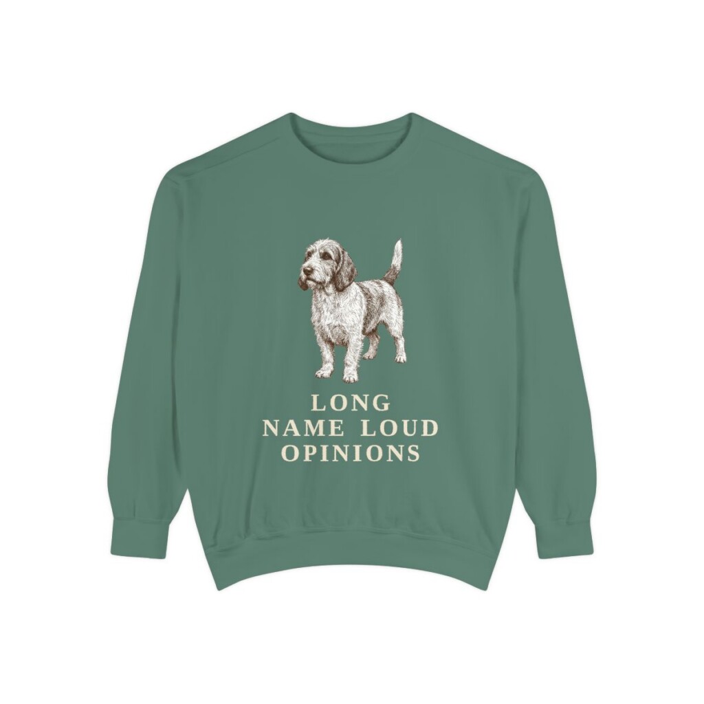 petit-basset-griffon-vendeen-sweatshirt-humor-light-green Petit Basset Griffon Vendeen Humor Sweatshirt, Light Green, front view