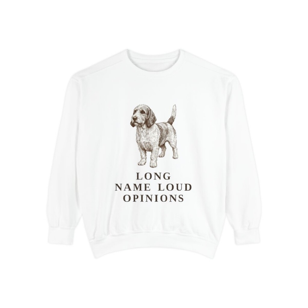 petit-basset-griffon-vendeen-sweatshirt-humor-white Petit Basset Griffon Vendeen Humor Sweatshirt, White, front view