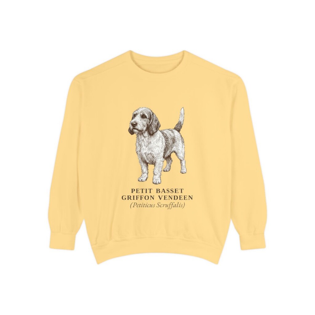 petit-basset-griffon-vendeen-sweatshirt-latin-butter Petit Basset Griffon Vendeen Latin Sweatshirt, Butter, front view