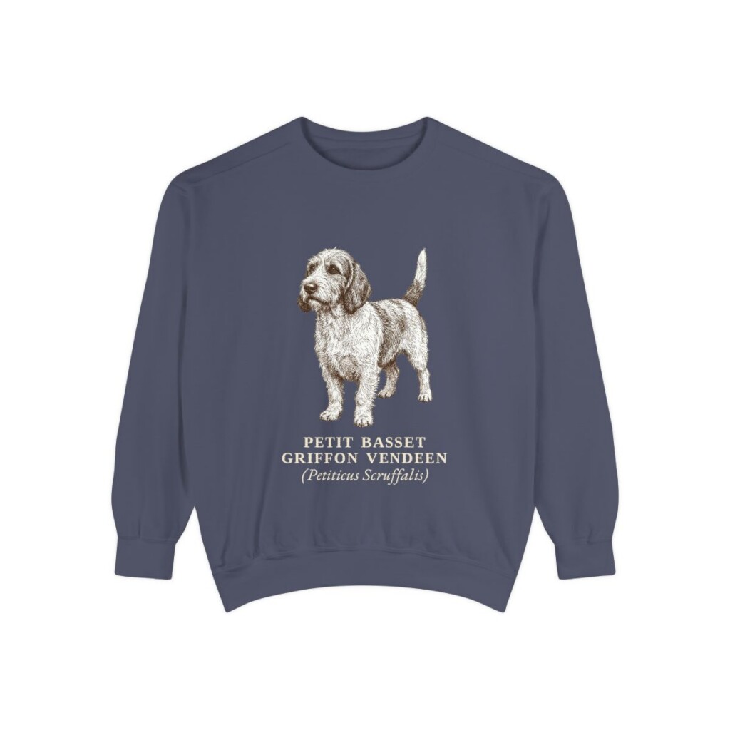 petit-basset-griffon-vendeen-sweatshirt-latin-denim Petit Basset Griffon Vendeen Latin Sweatshirt, Denim, front view