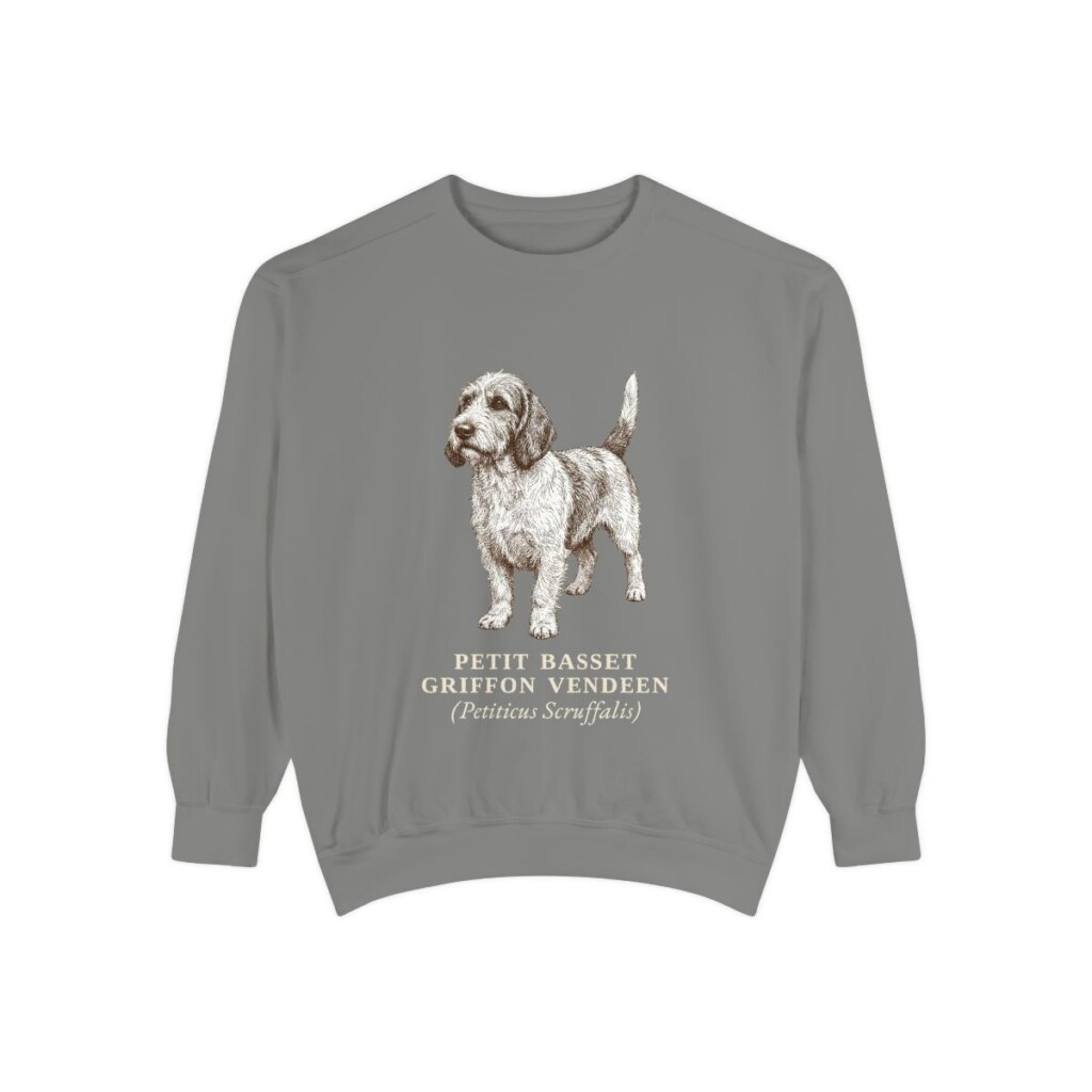 petit-basset-griffon-vendeen-sweatshirt-latin-grey Petit Basset Griffon Vendeen Latin Sweatshirt, Grey, front view