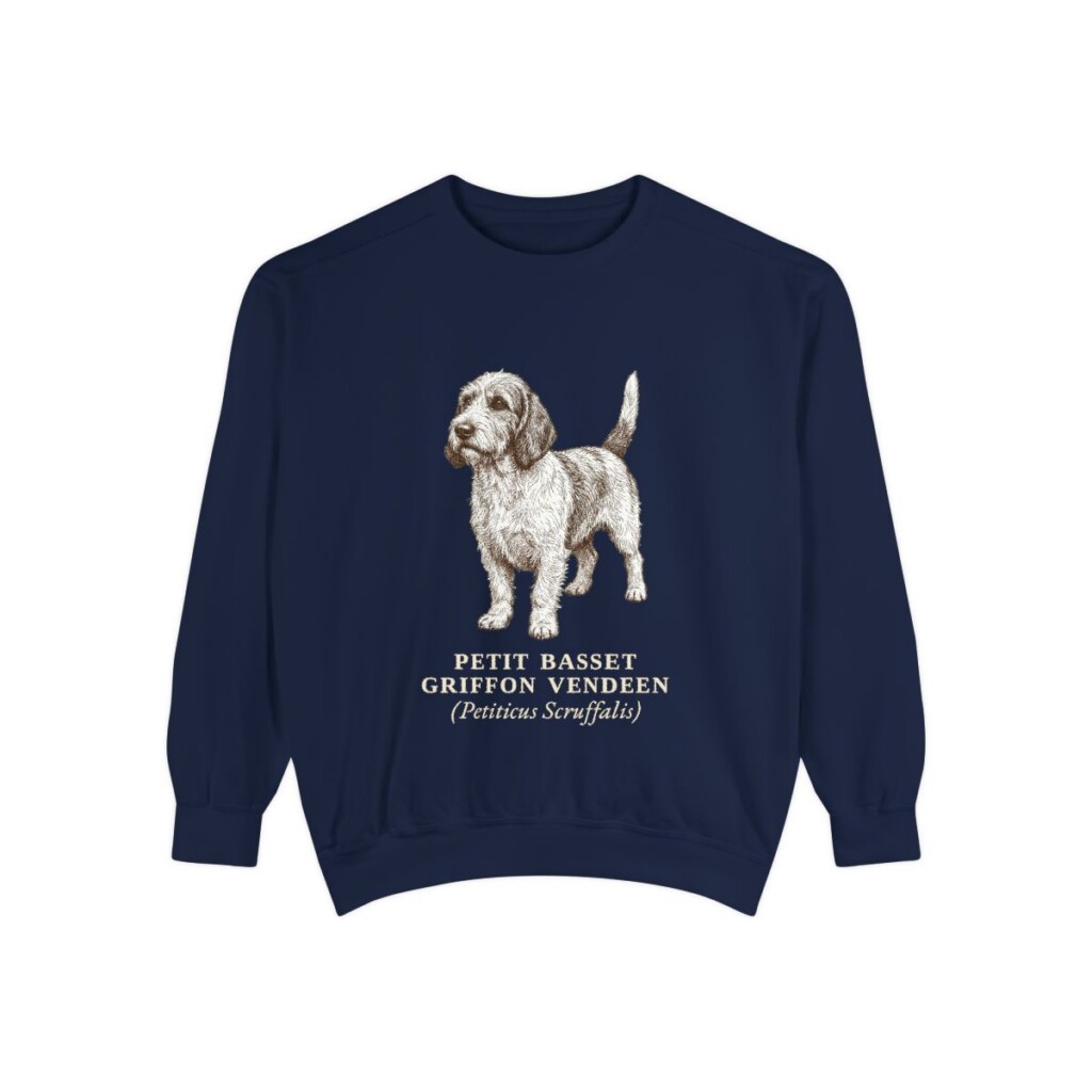 petit-basset-griffon-vendeen-sweatshirt-latin-true-navy Petit Basset Griffon Vendeen Latin Sweatshirt, True Navy, front view