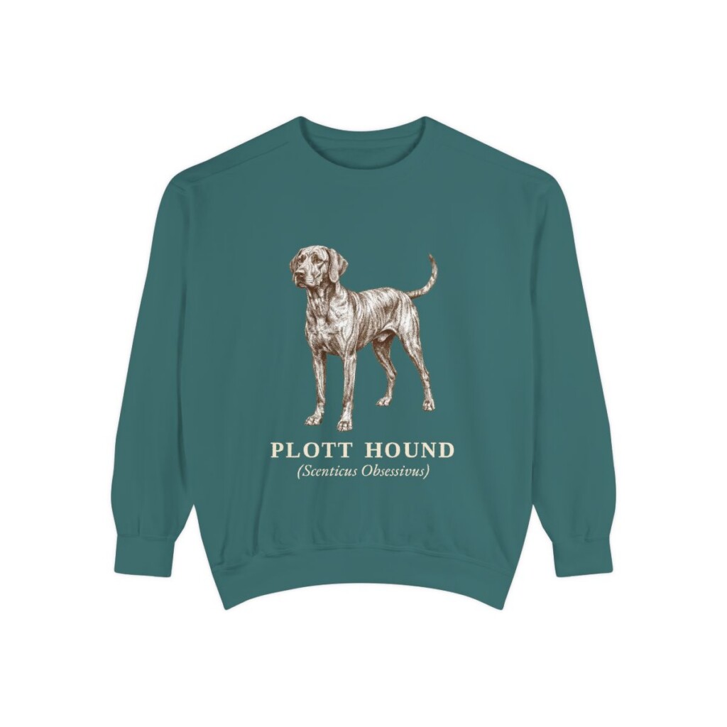 Plott Hound Latin Sweatshirt, Blue Spruce, front view