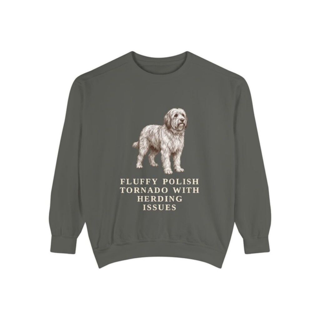 Polish Lowland Sheepdog Humor Sweatshirt, Pepper, front view