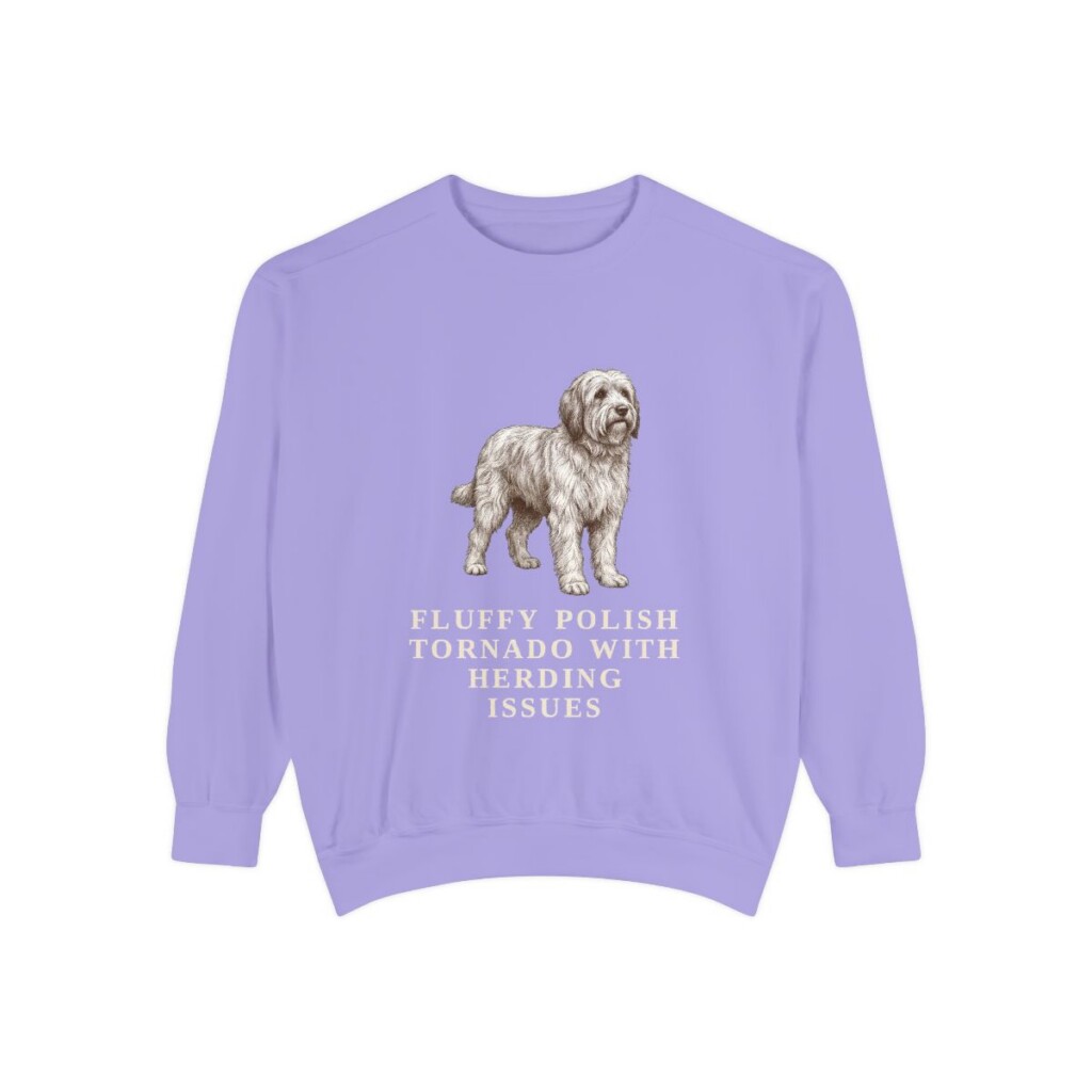 Polish Lowland Sheepdog Humor Sweatshirt, Violet, front view