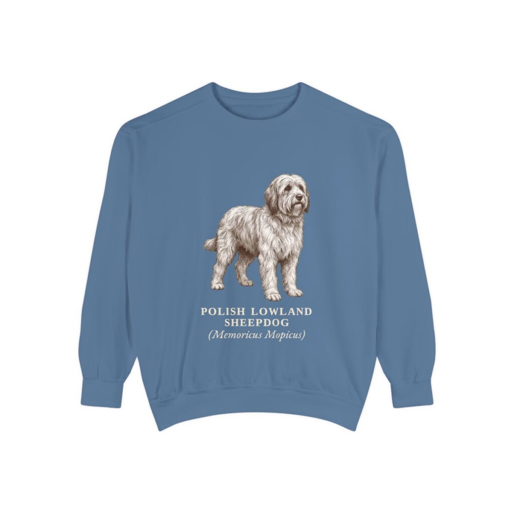 polish-lowland-sheepdog-sweatshirt-latin-blue-jean Polish Lowland Sheepdog Latin Sweatshirt, Blue Jean, front view