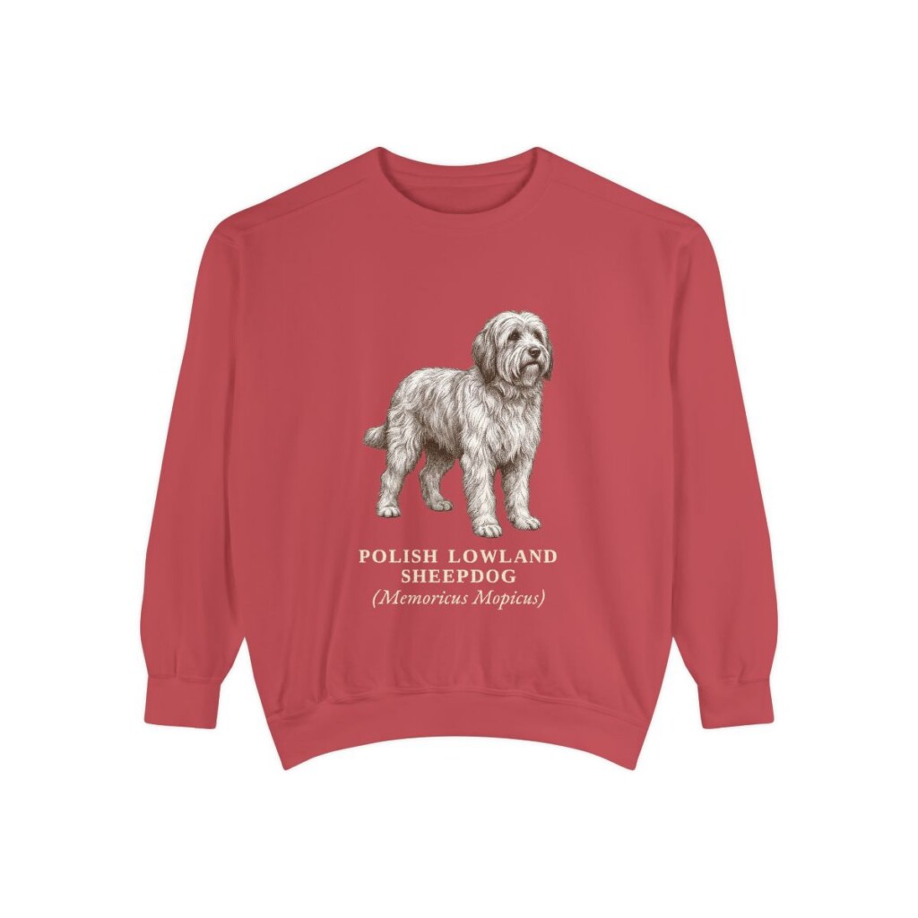 polish-lowland-sheepdog-sweatshirt-latin-crimson Polish Lowland Sheepdog Latin Sweatshirt, Crimson, front view