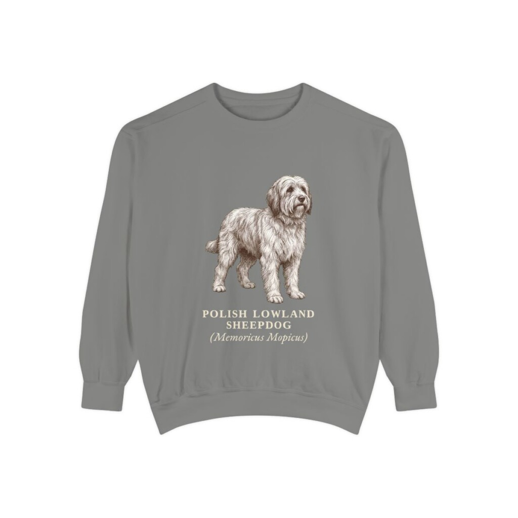polish-lowland-sheepdog-sweatshirt-latin-grey Polish Lowland Sheepdog Latin Sweatshirt, Grey, front view