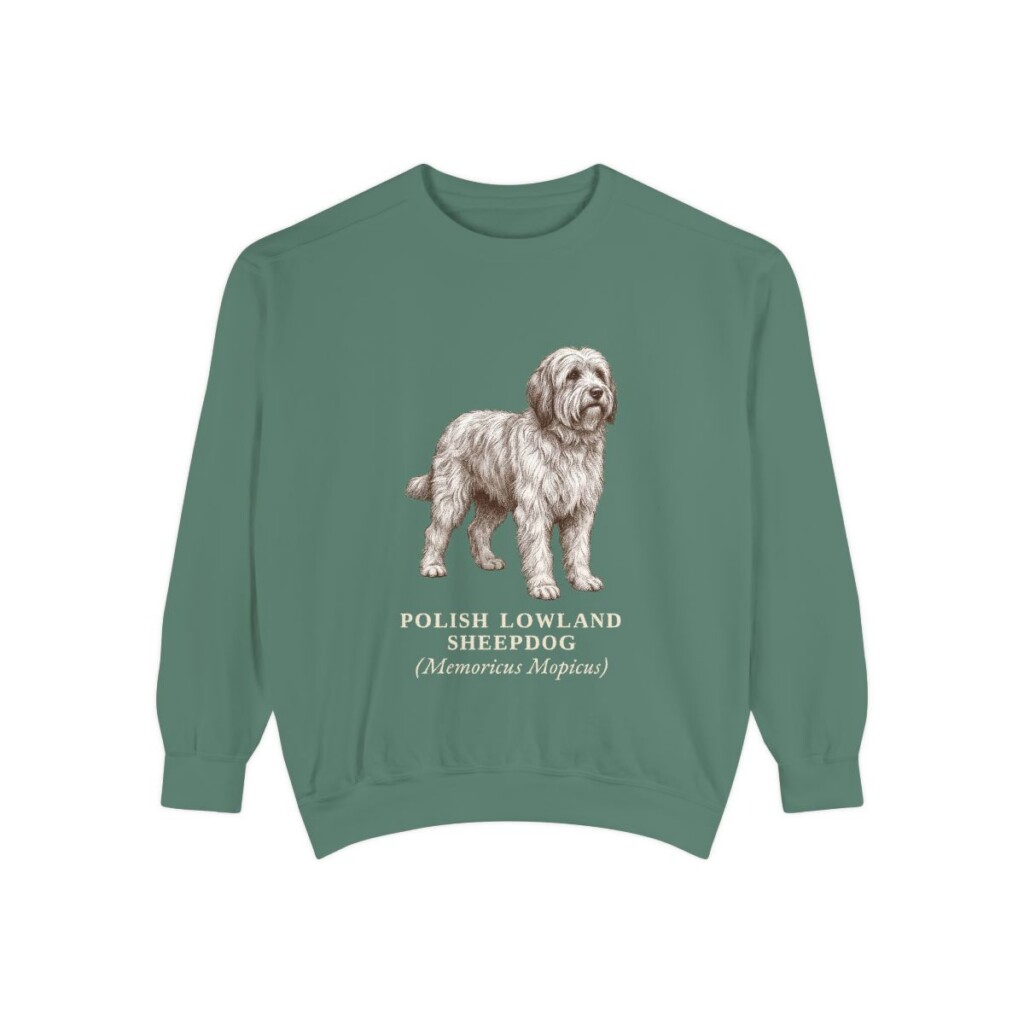 polish-lowland-sheepdog-sweatshirt-latin-light-green Polish Lowland Sheepdog Latin Sweatshirt, Light Green, front view