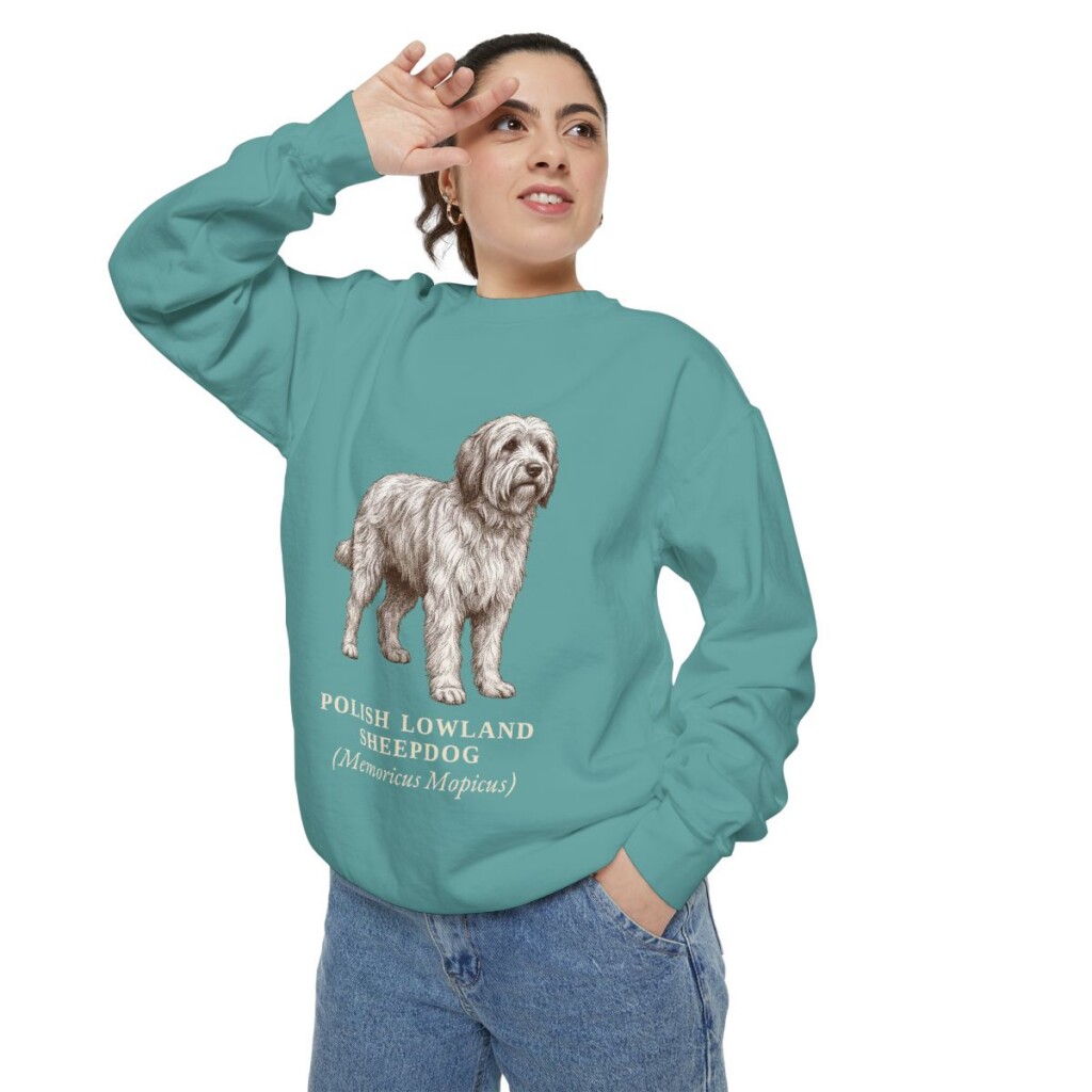 polish-lowland-sheepdog-sweatshirt-latin-seafoam-person-2-context Polish Lowland Sheepdog Latin Sweatshirt, Seafoam, person 2 context