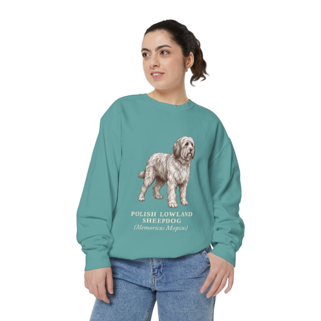 polish-lowland-sheepdog-sweatshirt-latin-seafoam-person-2-front Polish Lowland Sheepdog Latin Sweatshirt, Seafoam, person 2 front