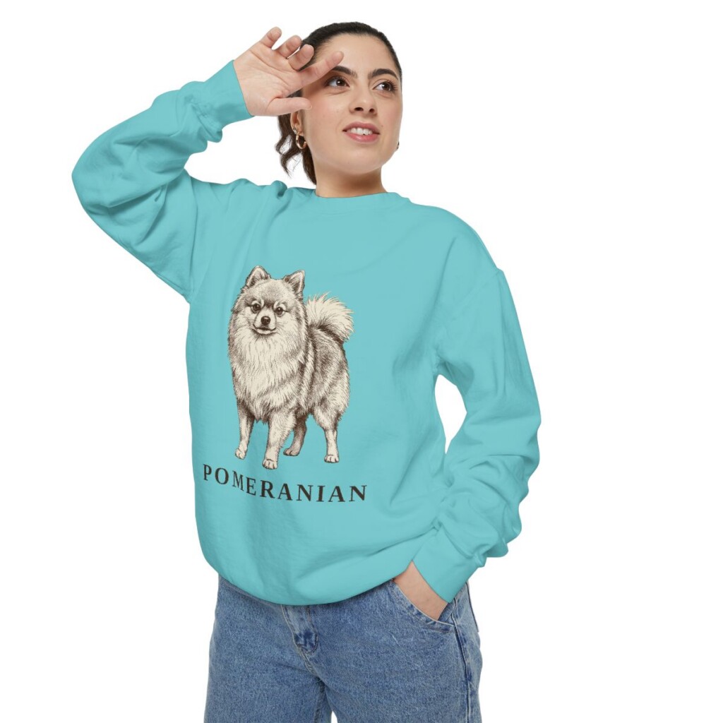 Pomeranian Sweatshirt, Chalky Mint, person 2 context