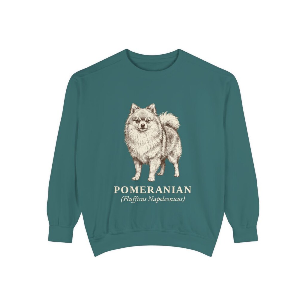 Pomeranian Latin Sweatshirt, Blue Spruce, front view