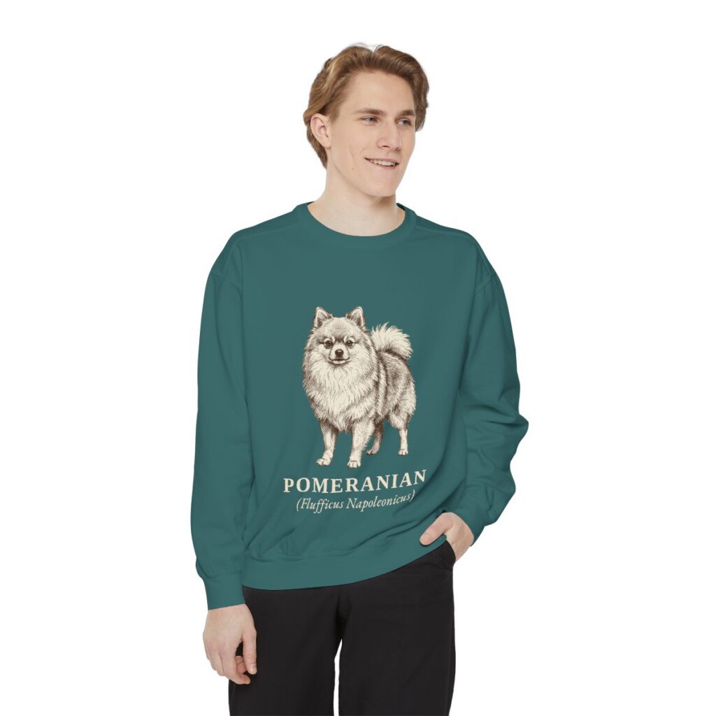 Pomeranian Latin Sweatshirt, Blue Spruce, person 1 front