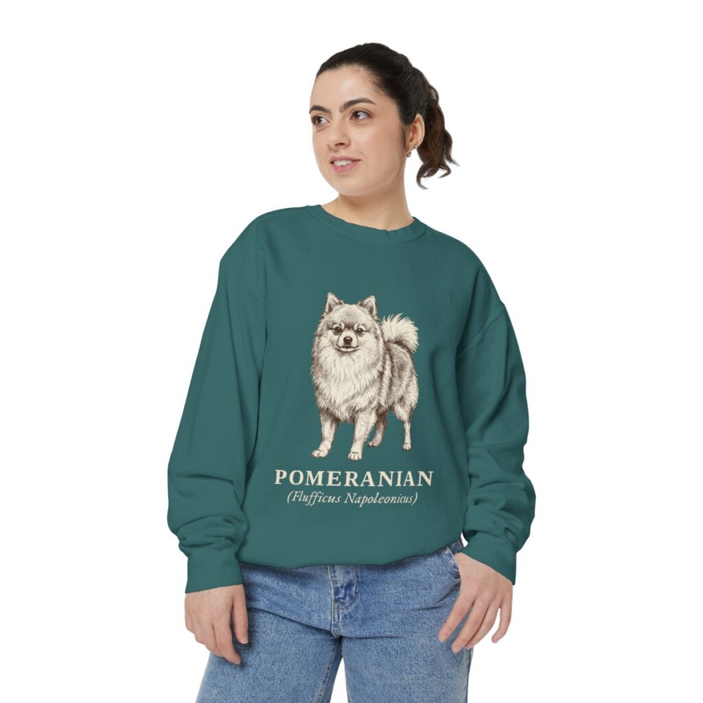 Pomeranian Latin Sweatshirt, Blue Spruce, person 2 front