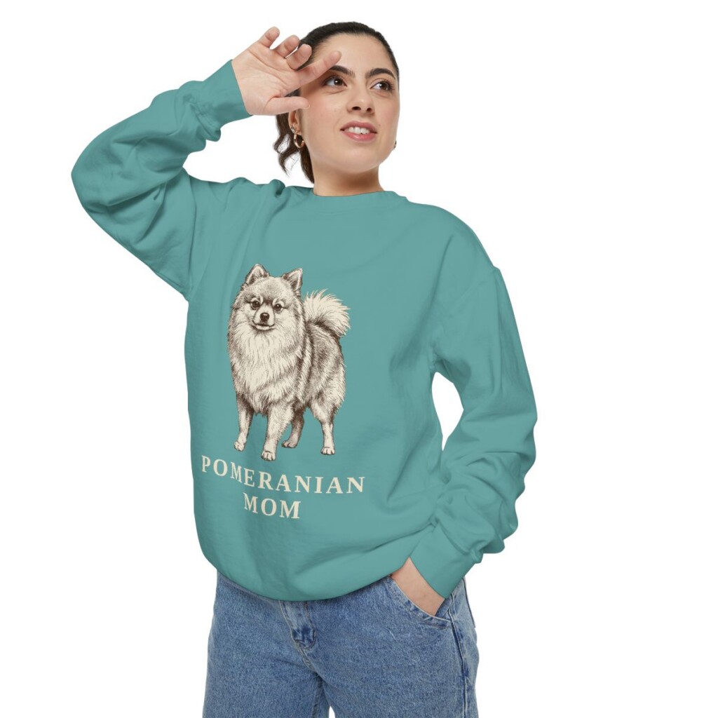 Pomeranian Mom Sweatshirt, Seafoam, person 2 context