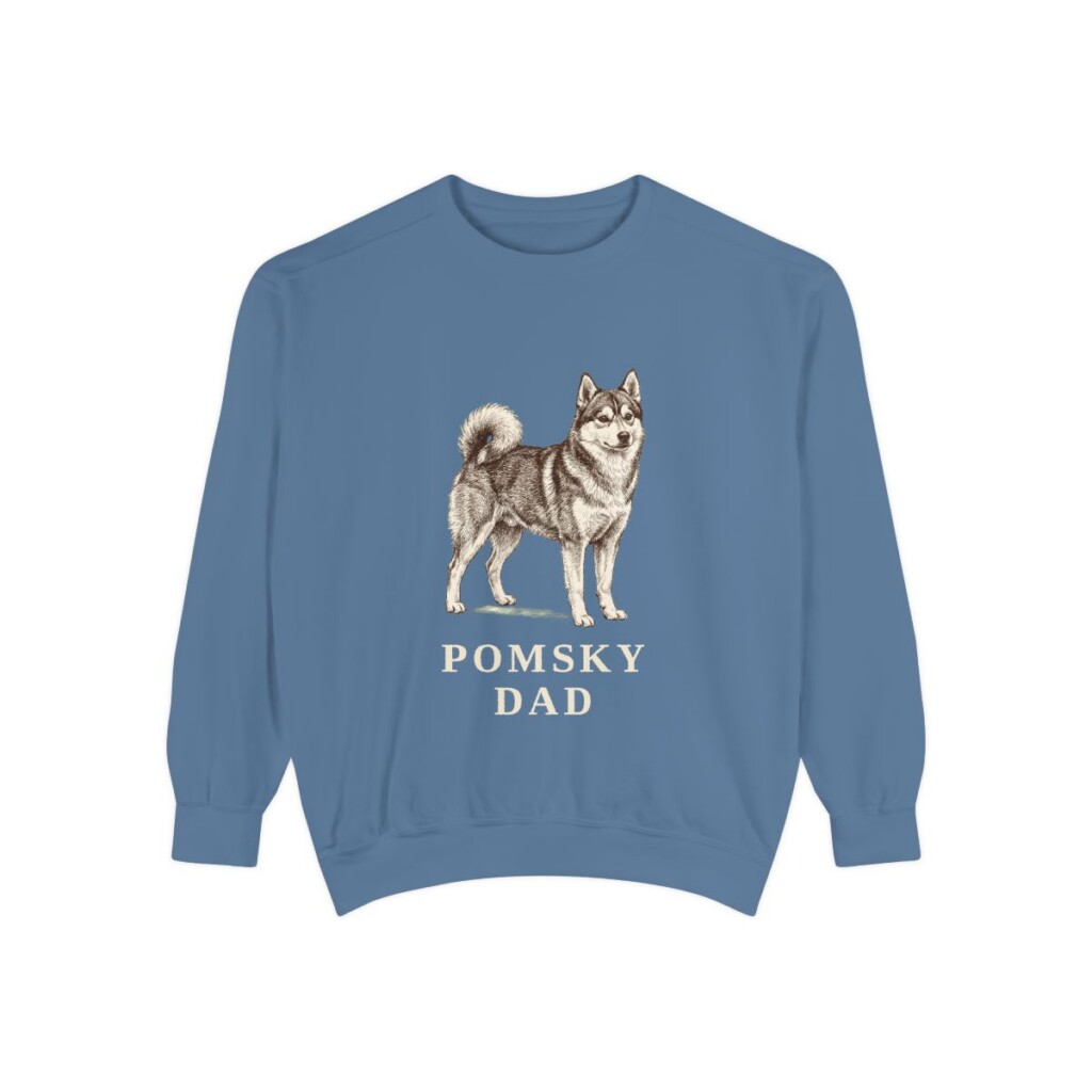 Pomsky Dad Sweatshirt, Blue Jean, front view