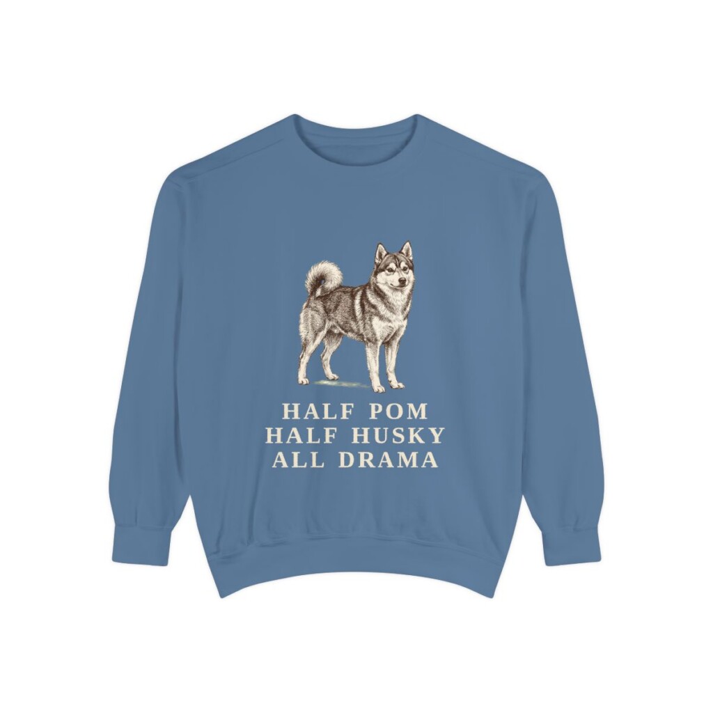 Pomsky Humor Sweatshirt, Blue Jean, front view