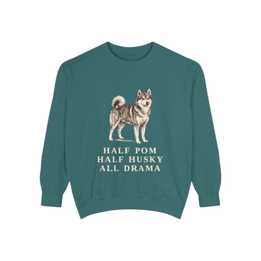 Pomsky Humor Sweatshirt, Blue Spruce, front view