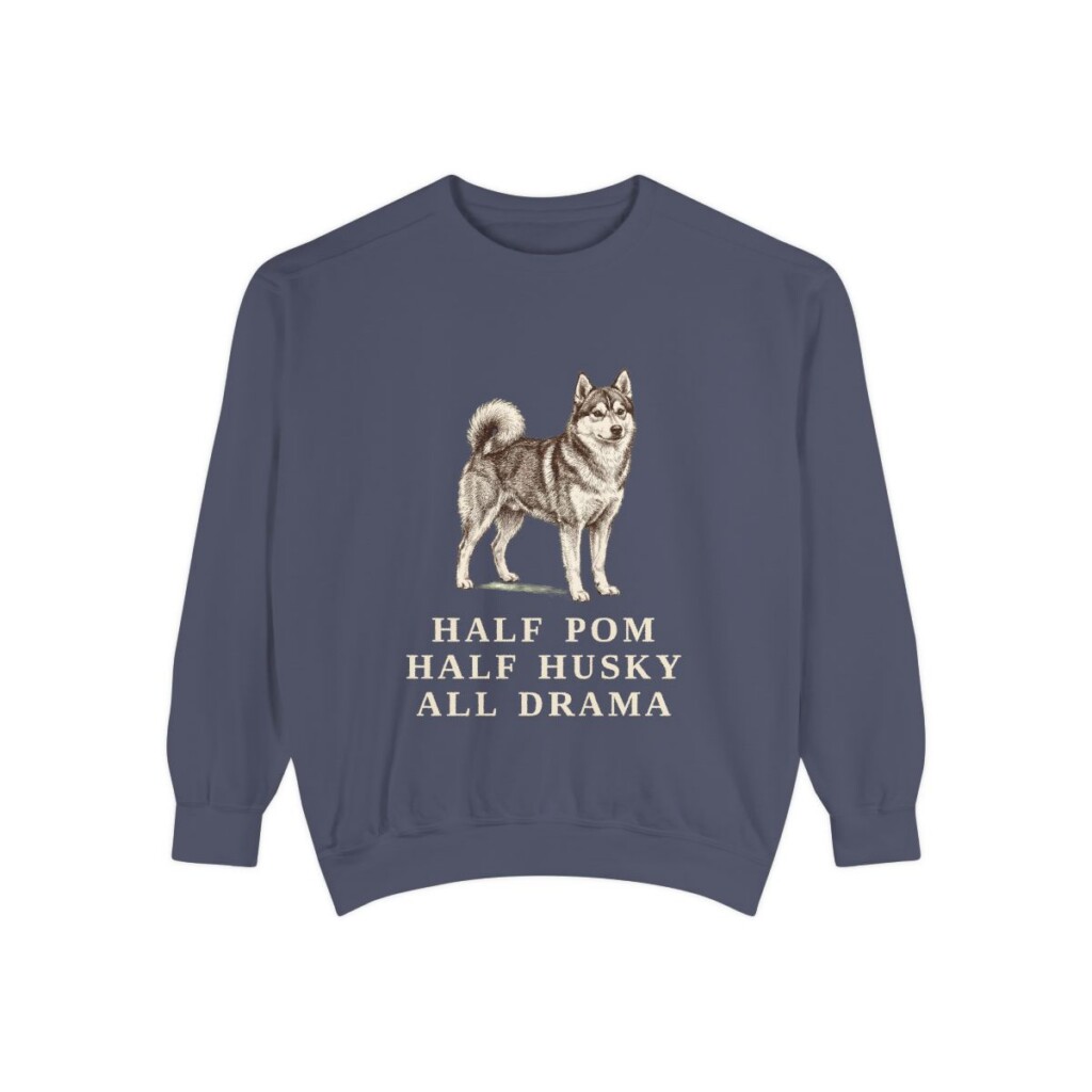 Pomsky Humor Sweatshirt, Denim, front view