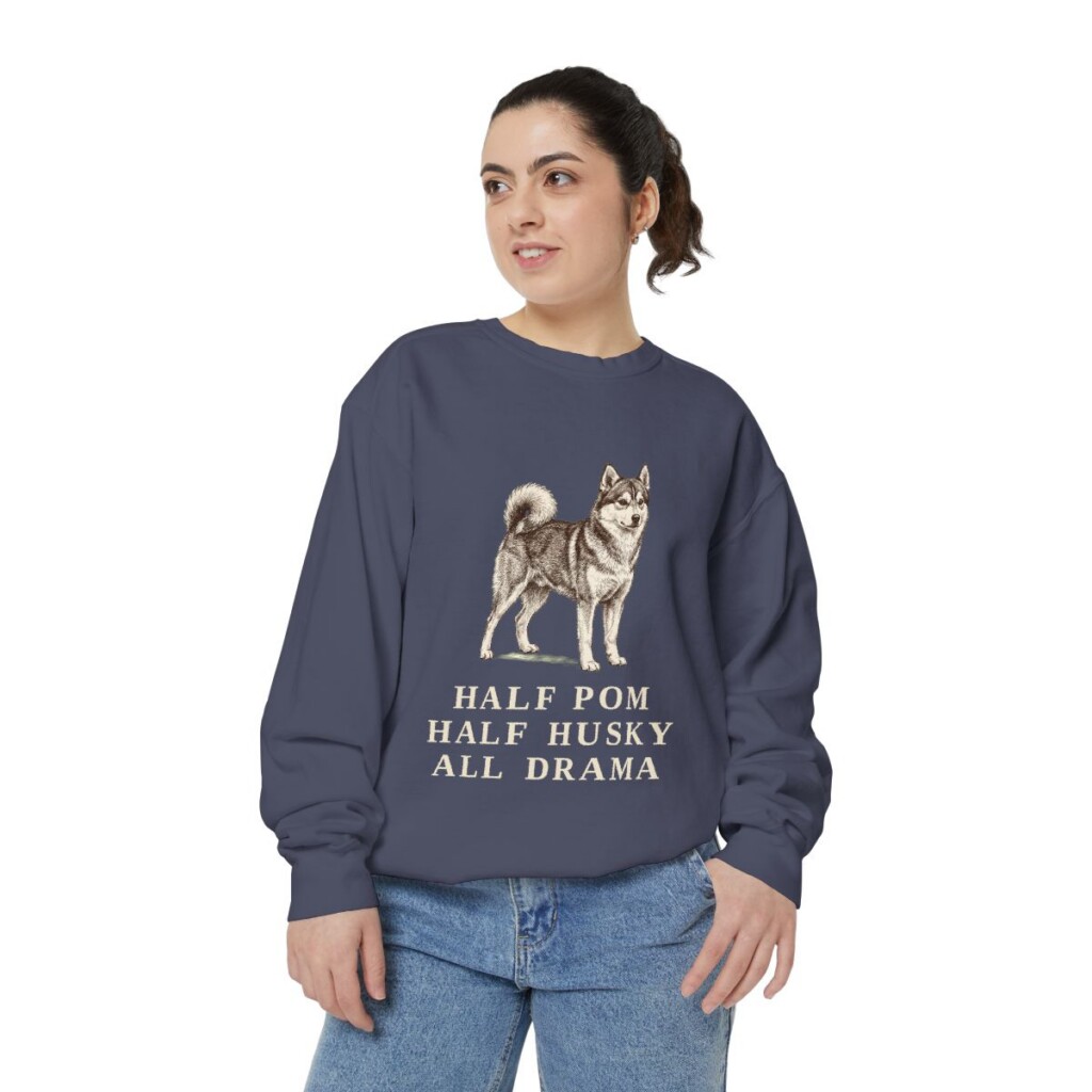 Pomsky Humor Sweatshirt, Denim, person 2 front