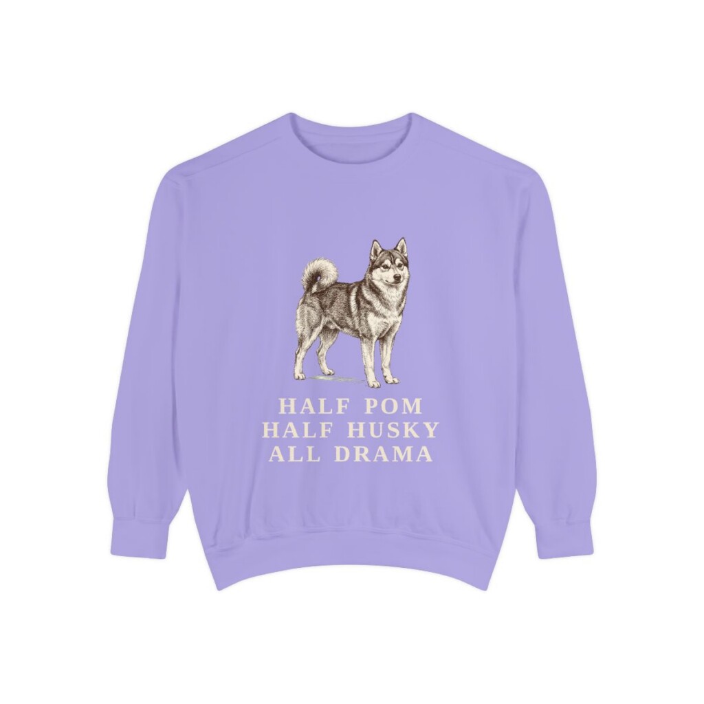 Pomsky Humor Sweatshirt, Violet, front view