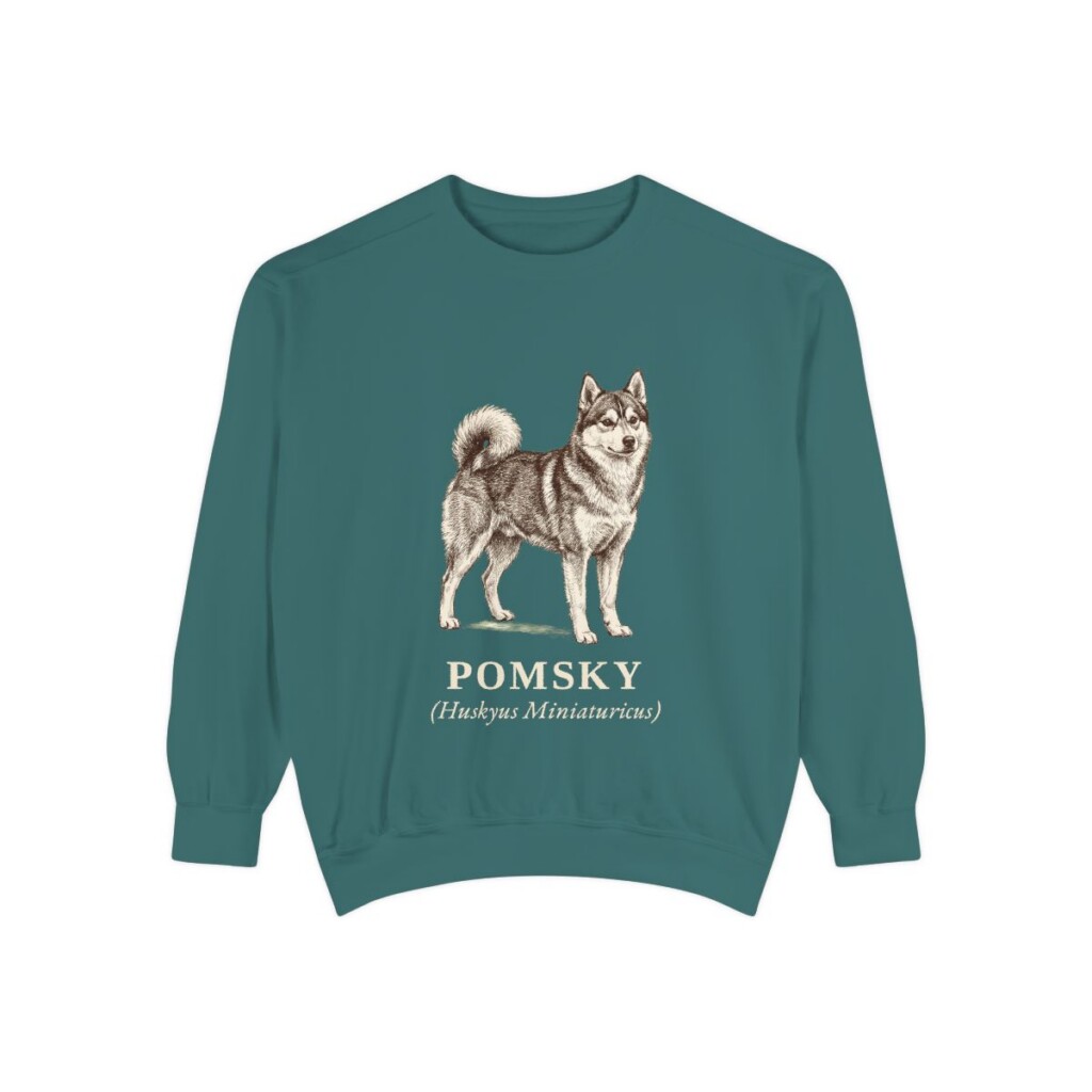 Pomsky Latin Sweatshirt, Blue Spruce, front view