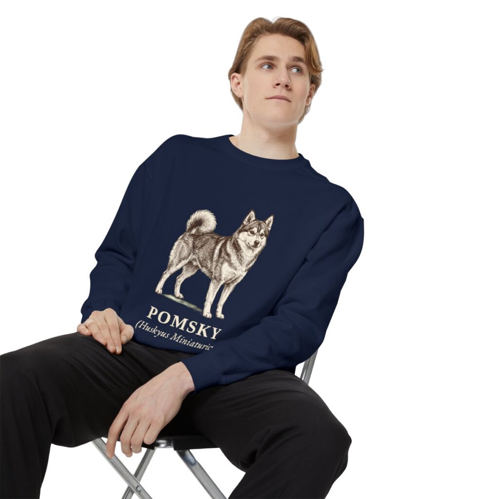 Pomsky Latin Sweatshirt, True Navy, person 1 context