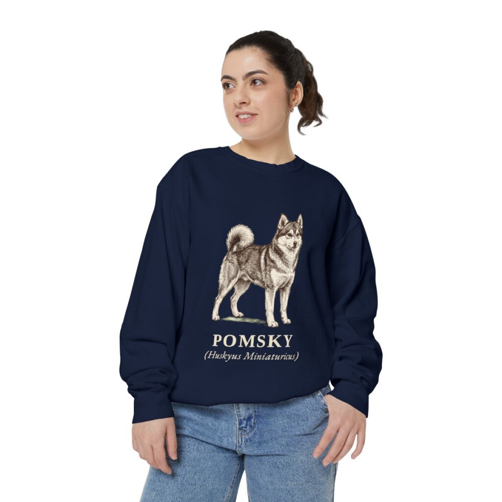 Pomsky Latin Sweatshirt, True Navy, person 2 front