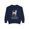 Portuguese Podengo Pequeno Humor Sweatshirt, True Navy, front view