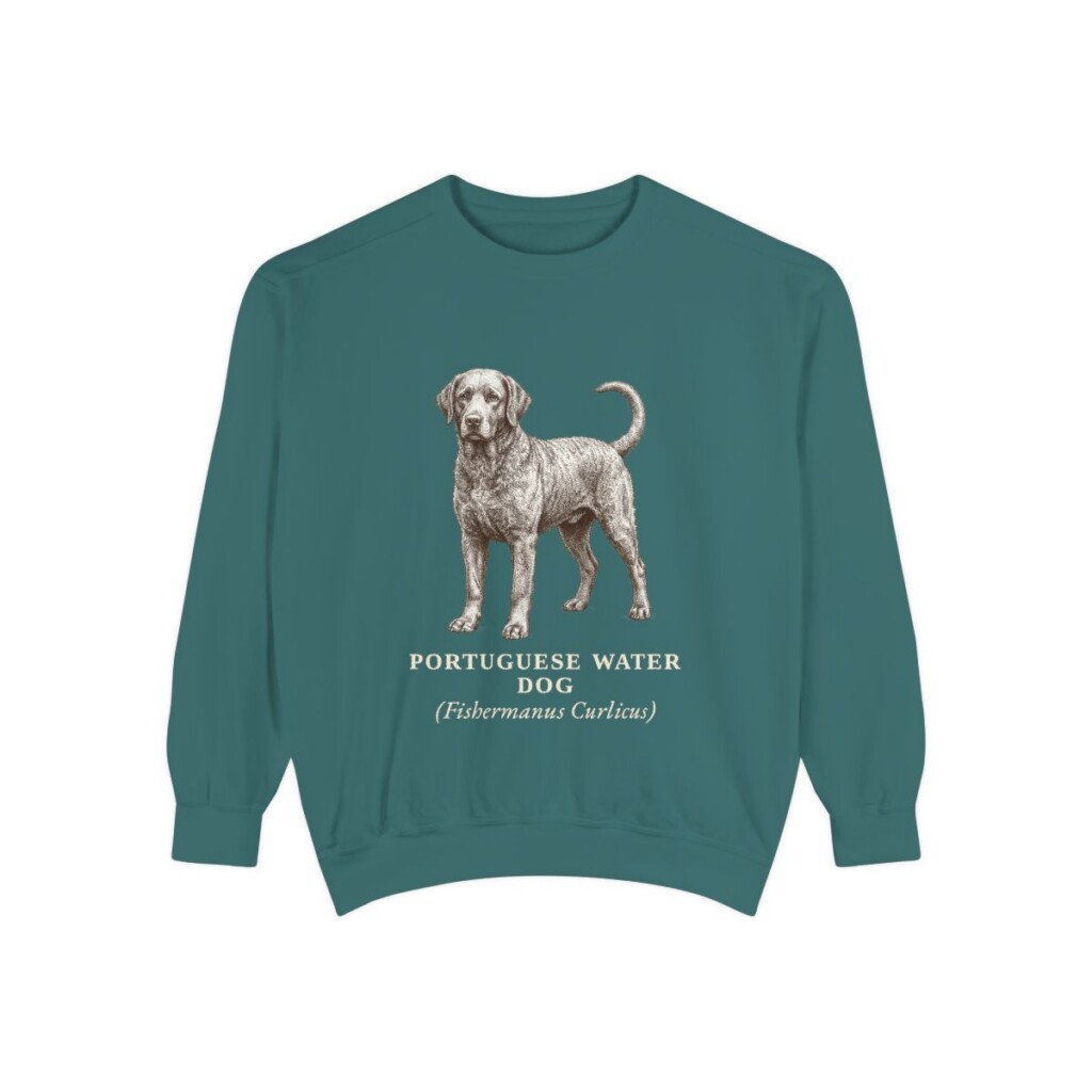 Portuguese Water Dog Latin Sweatshirt, Blue Spruce, front view