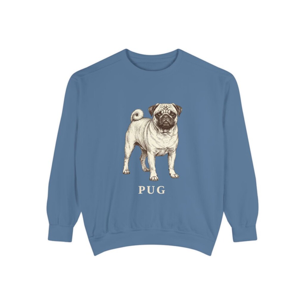 Pug Sweatshirt, Blue Jean, front view