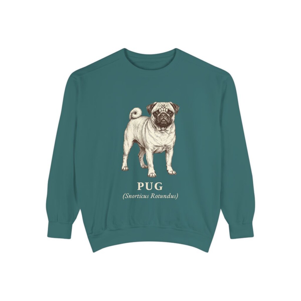 Pug Latin Sweatshirt, Blue Spruce, front view