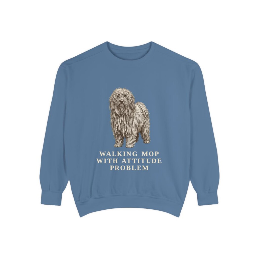 puli-sweatshirt-humor-blue-jean Puli Humor Sweatshirt, Blue Jean, front view