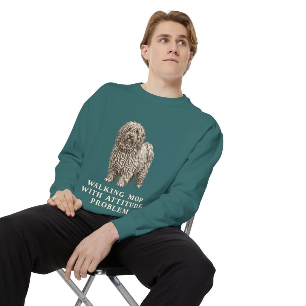 puli-sweatshirt-humor-blue-spruce-person-1-context Puli Humor Sweatshirt, Blue Spruce, person 1 context