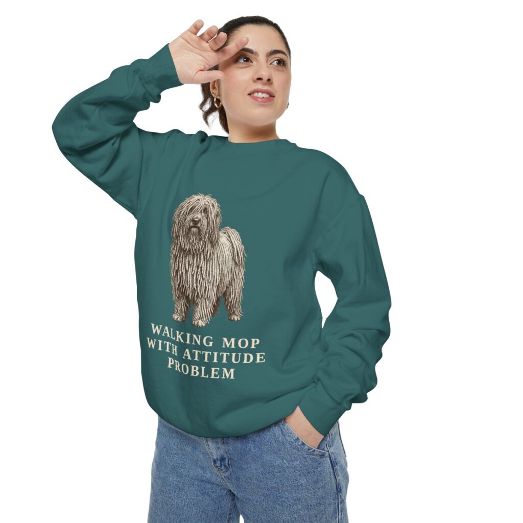 puli-sweatshirt-humor-blue-spruce-person-2-context Puli Humor Sweatshirt, Blue Spruce, person 2 context