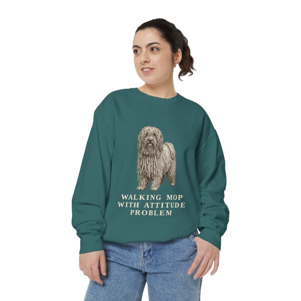 puli-sweatshirt-humor-blue-spruce-person-2-front Puli Humor Sweatshirt, Blue Spruce, person 2 front