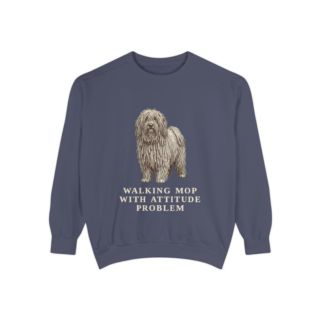puli-sweatshirt-humor-denim Puli Humor Sweatshirt, Denim, front view