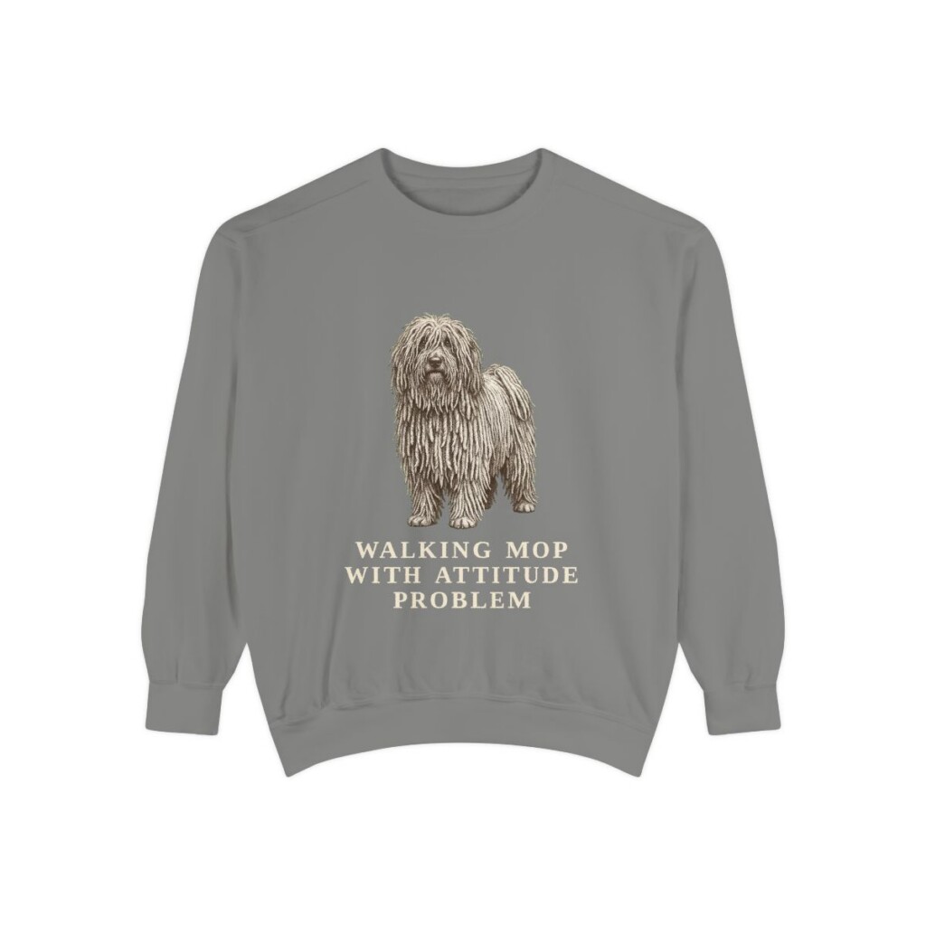 puli-sweatshirt-humor-grey Puli Humor Sweatshirt, Grey, front view