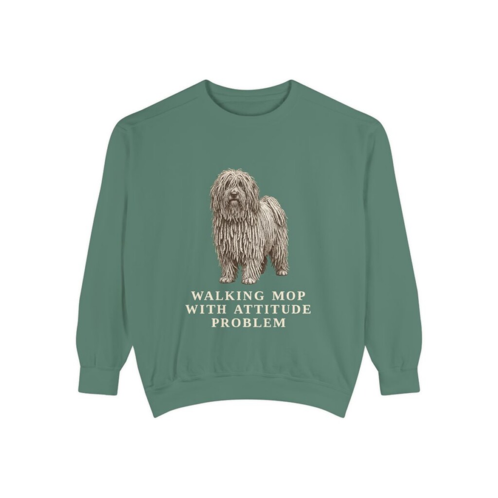puli-sweatshirt-humor-light-green Puli Humor Sweatshirt, Light Green, front view